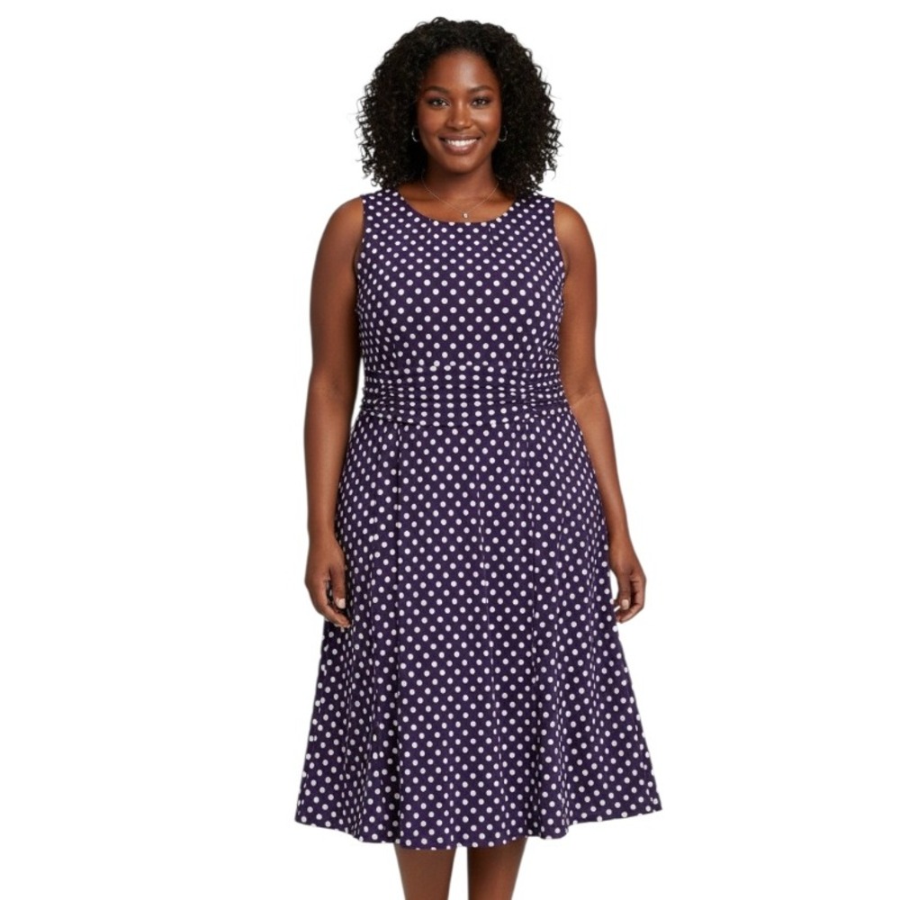 PERCEPTIONS Purple/White Polka Dots POLY-KNIT Pleated Waist FIT &FLARE DRESS 18W